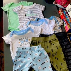 8pc 0-3M multi-brand onesies and pant bottoms